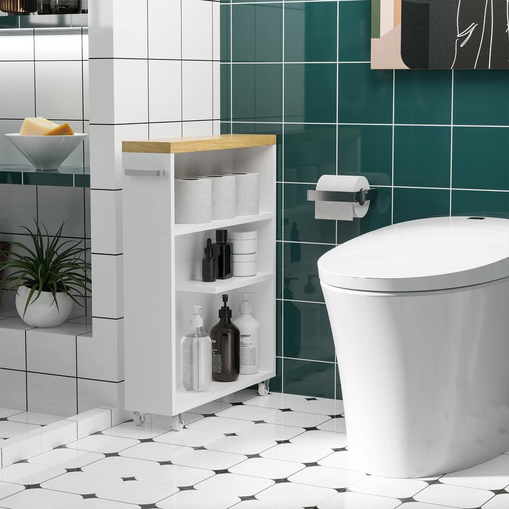 Slim White Laminated Bathroom Cabinet with Silver Hardware