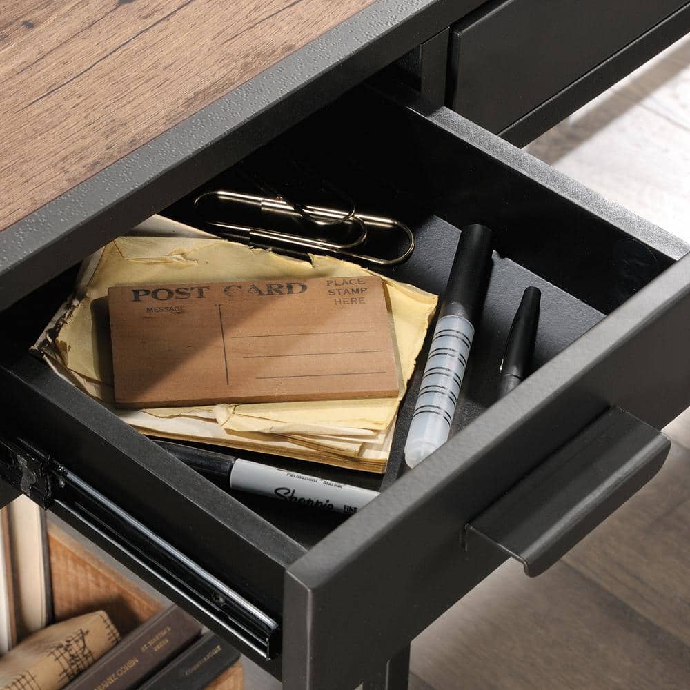 Vintage Oak and Black L-Shaped Computer Desk with Drawer