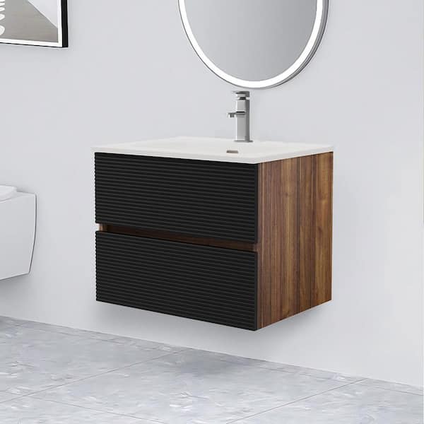 Paterno 23.72 in. W x 17.93 in. D x 18.79 in. H Single Sink Floating Walnut Bath Vanity with White Ceramic Vanity Top