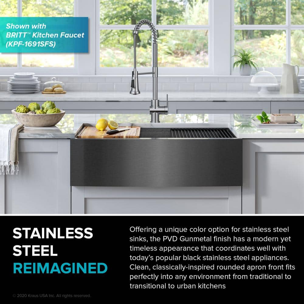 Kore 33" Gunmetal Stainless Steel Farmhouse Sink with Accessories