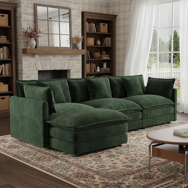 HEAT 111.5 in. Track Arm Oversized Modular L-Shaped Chenille Sectional Sofa with 1 Reversible Ottoman in Forest Green