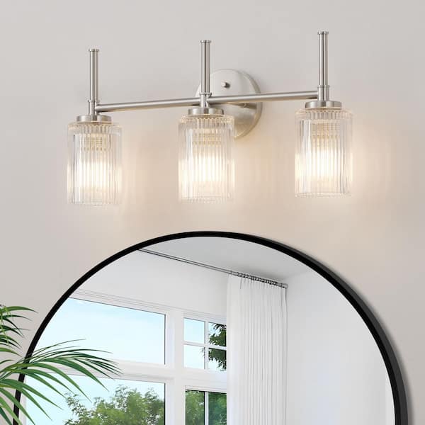 22 in. 3-Light Brushed Nickel Vanity Light with Clear Ribbed Glass Shades and Decorative Tube