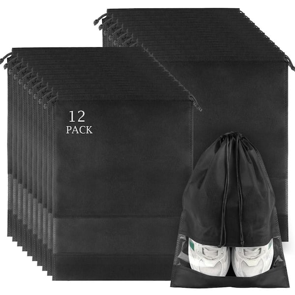 Black Breathable Shoe Bags w/ Clear Window, 12-Pack Large Drawstring Travel Luggage Organizers for Shoes and Accessories