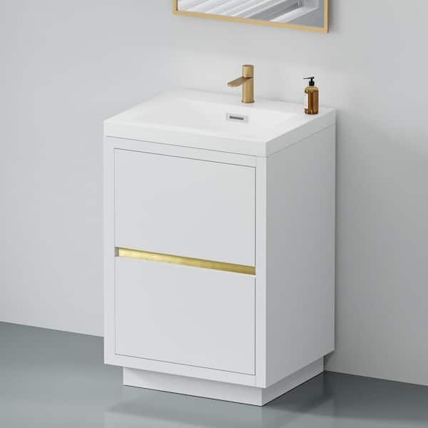 24 in. Single Sink Freestanding White Bath Vanity with White Resin Top (Assembled), Soft Close Drawers