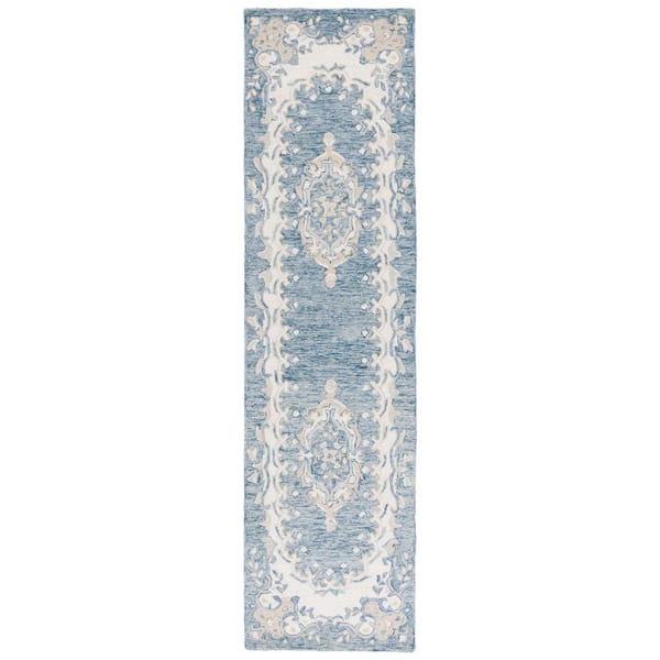 Ebony 2 ft. x 9 ft. Dark Blue/Ivory Ornate Floral Runner Rug