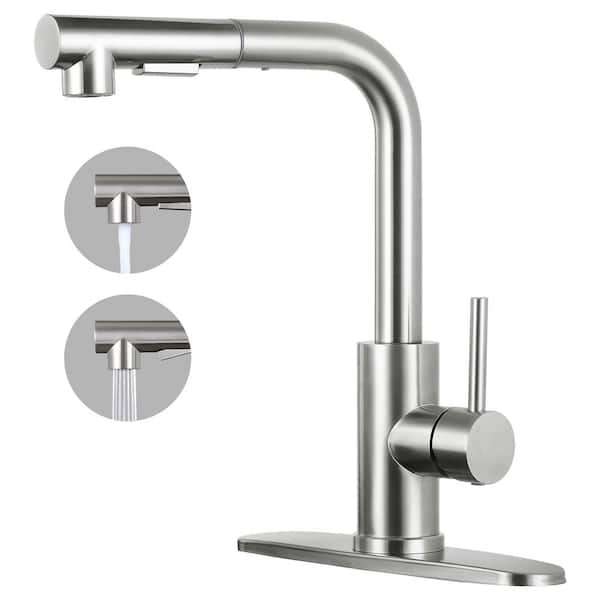 AKLFGN Single Handle Kitchen Faucet Pull Out Sprayer Kitchen Faucet with Deckplate Included in Brushed Nickel