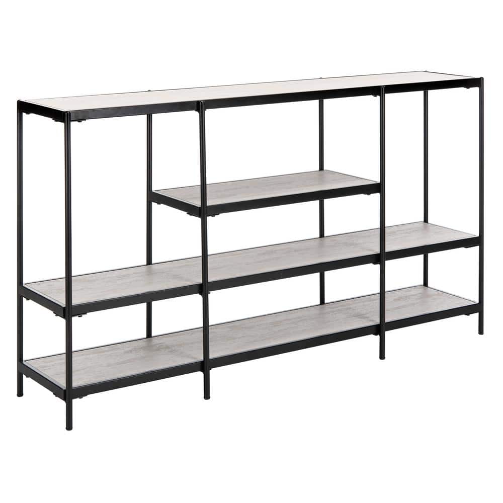 Transitional Beige Wood & Matte Black Metal Console Table with Storage