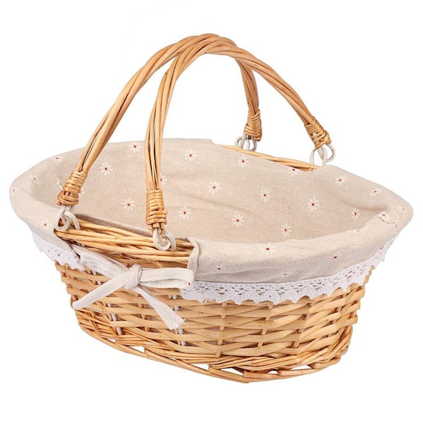 Rustic Large Natural Willow Oval Wicker Picnic Basket with Liner and Handle for Fruit, Wine, and Parties