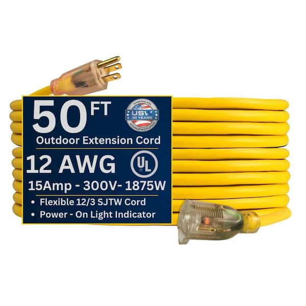 USW 12/3 50 ft. Yellow Heavy-Duty Extension Cord with Lighted Plug