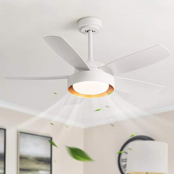 42 in. Indoor Modern 5 ABS Blade White Downrod Ceiling Fan with Led Lights and 6 Speed DC Remote