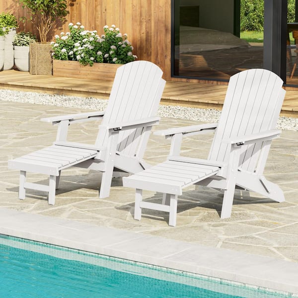 Outdoor HDPE Plastic Adirondack Chairs with Retractable Ottoman Folding, White, (Set of 2)