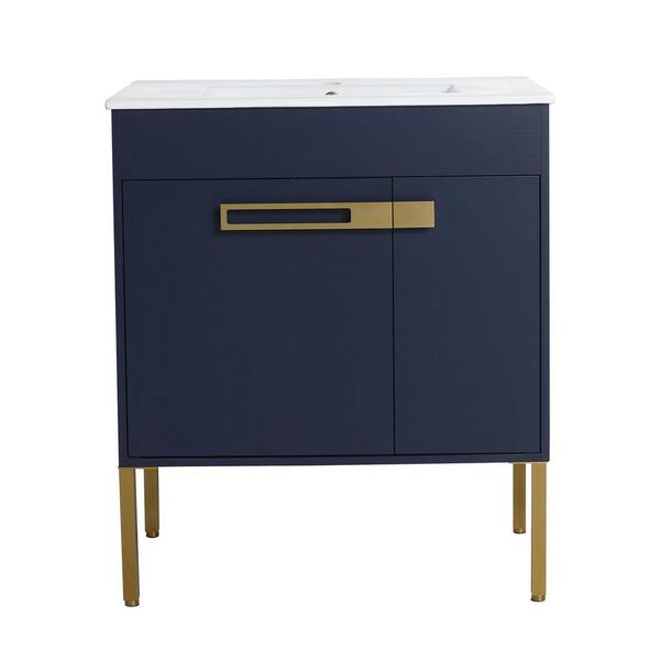 FUNKOL 30 in. W x 18 in. D x 35 in. H Freestanding Bath Vanity in Blue with White Ceramics Top