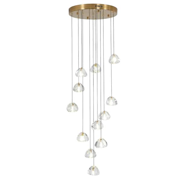 UMEILUCE 12-Light Gold Base Stone Crystal Shade LED Chandelier for Stairs Foyer with G4 Bulbs, Dia 15.7 in. H 118 in.