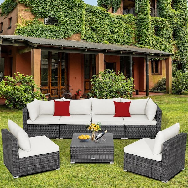 7-Piece Wicker Outdoor Patio Rattan Sectional Sofa Set Furniture Set with Off White Cushions