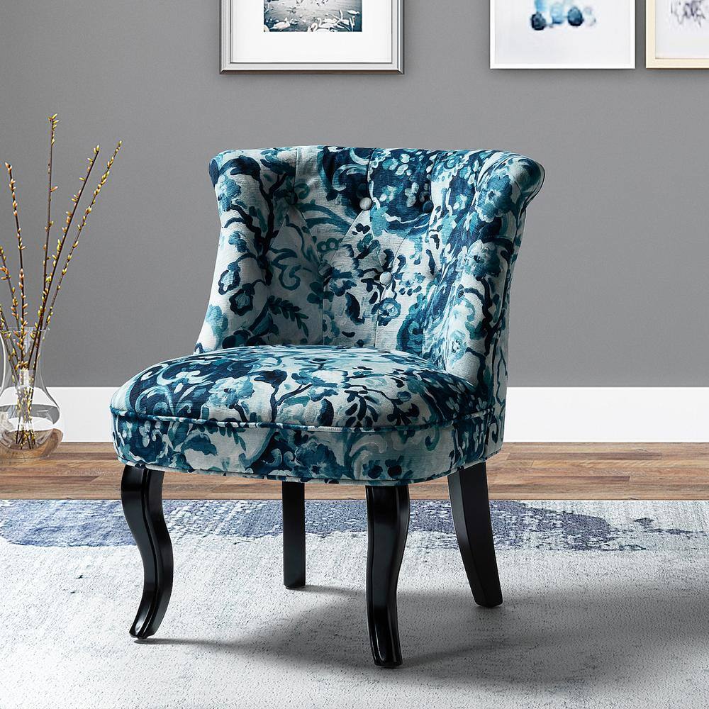 Indigo Floral Velvet Accent Chair with Black Wooden Legs
