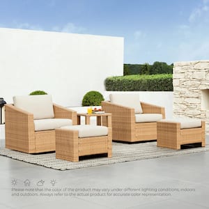Cyril 5 Pieces Brown Fabric Accent Chair Set with 2 Pieces Rattan Swivel Chairs, 2 Pieces Ottomans, Side Table
