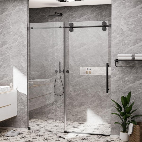 72 in. W x 80 in. H Single Sliding Frameless Shower Door in Matte Black with Smooth Sliding and 3/8 in. SGCC Clear Glass