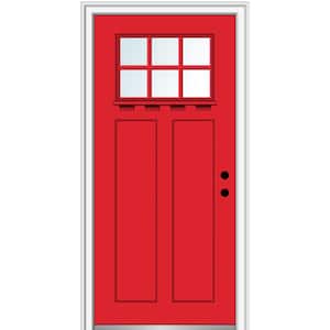 36 in.x80 in. Low-E Glass Left-Hand Craftsman 2-Panel 6-Lite Clear Painted Fiberglass Smooth Prehung Front Door w/ Shelf