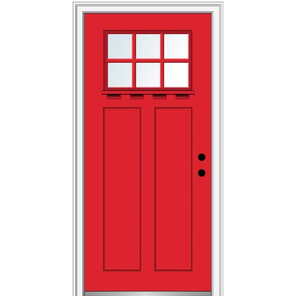 MMI DOOR 36 in.x80 in. Low-E Glass Left-Hand Craftsman 2-Panel 6-Lite Clear Painted Fiberglass Smooth Prehung Front Door w/ Shelf