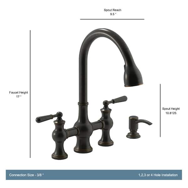 KOHLER Capilano 2-Handle Bridge Farmhouse Pull-Down Kitchen Faucet with Soap Dispenser and Sweep Spray in Oil-Rubbed Bronze