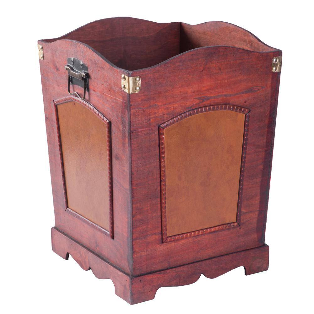Rustic Cherry Wood and Leather Decorative Trash Bin