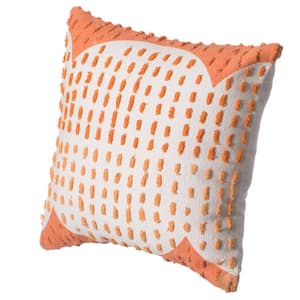 16 in. x 16 in. Coral Handwoven Cotton Throw Pillow Cover with Ribbed Line Dots and Wave Border