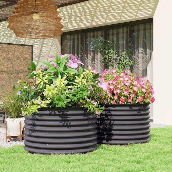 Outsunny Galvanized Raised Garden Bed, Set of 2 Planter Box with Safety Edging, Easy-to-assemble, Dark Gray