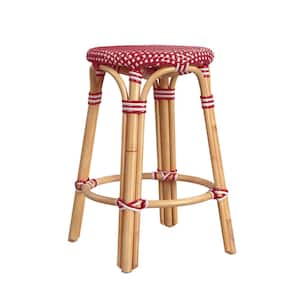 Tobias 24 in. Red and White Dot Backless Round Rattan Counter Stool (Qty 1)