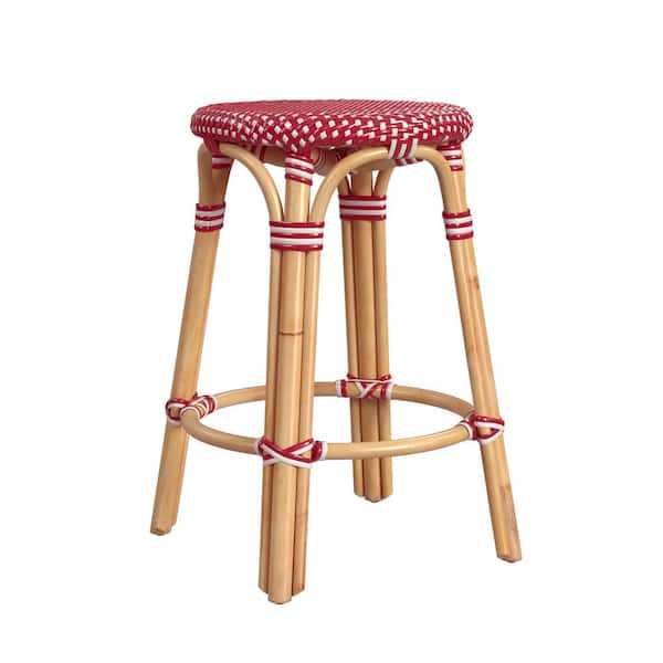 Butler Specialty Company Tobias 24 in. Red and White Dot Backless Round Rattan Counter Stool (Qty 1)