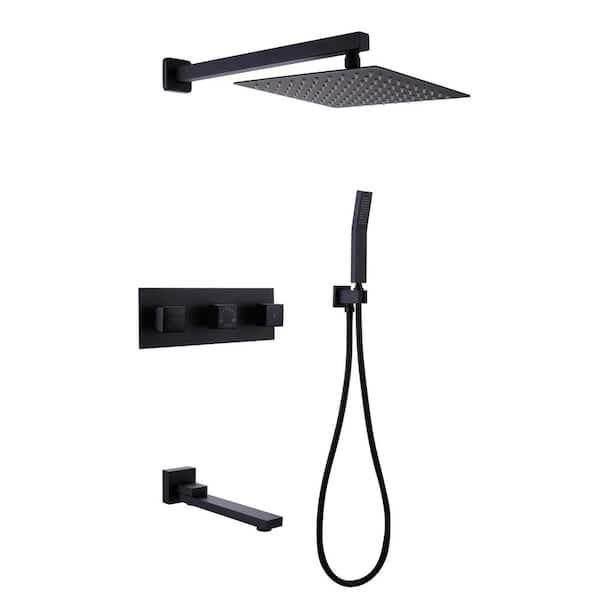 WELLFOR 2-Spray Patterns with 2 GPM 10 in. Tub Wall Mount Dual Shower Heads in Matte Black