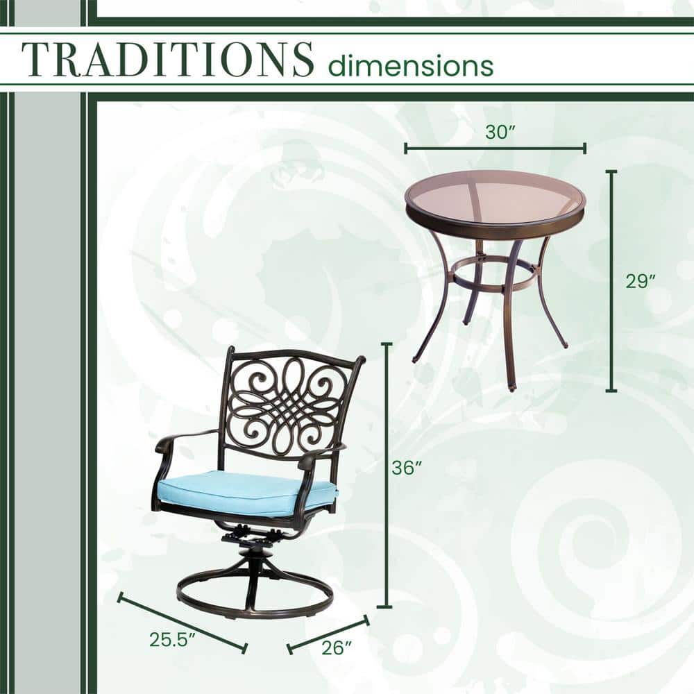 Elegant Traditions 3-Piece Cast Aluminum Swivel Bistro Set with Blue Cushions