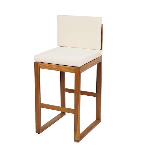 Teak Finish Acacia Wood Outdoor Bar Stool with Beige Cushion (set of 2)