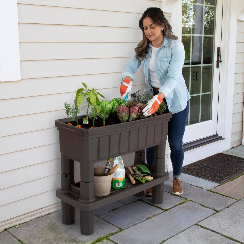 Espresso Raised Plastic Outdoor Patio Garden Planter with Storage