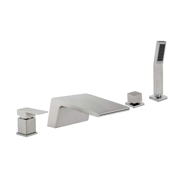 2-Handle Deck-Mount Waterfall Roman Tub Faucet with Hand Shower in Brushed Nickel