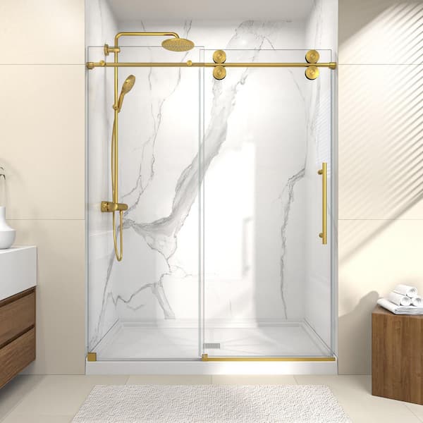 Valora 60 in. W x 72 in. H Single Sliding Frameless Shower Door in Brushed Gold with SGCC 5/16 in. Tempered Clear Glass