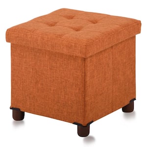 15 in. Wood Outdoor Ottoman with Storage for Living Room, Comfortable Seat with Lid, Orange