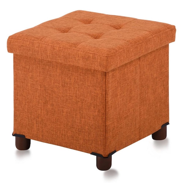 Angel Sar 15 in. Wood Outdoor Ottoman with Storage for Living Room, Comfortable Seat with Lid, Orange