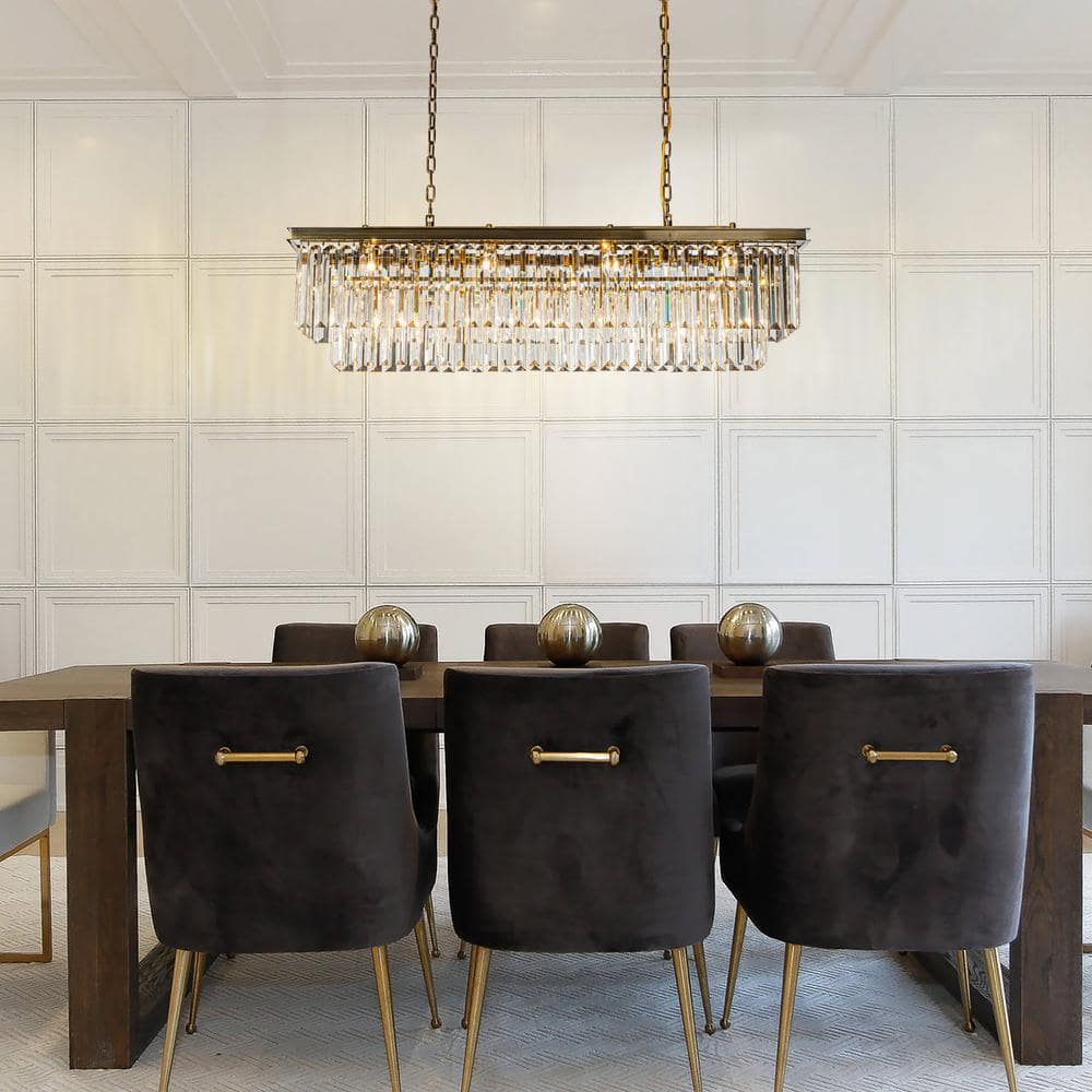 Antique Gold Rectangular Crystal Chandelier with Clear Glass Shade