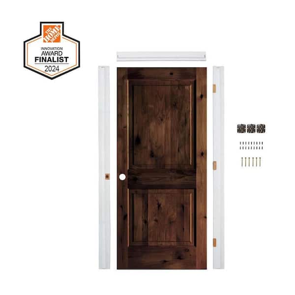 DIY 36 in. x 80 in. Alder Square Top Right-Hand Red Mahogany Stain Wood Single Interior Door Kit w/ Quick Assemble Jamb