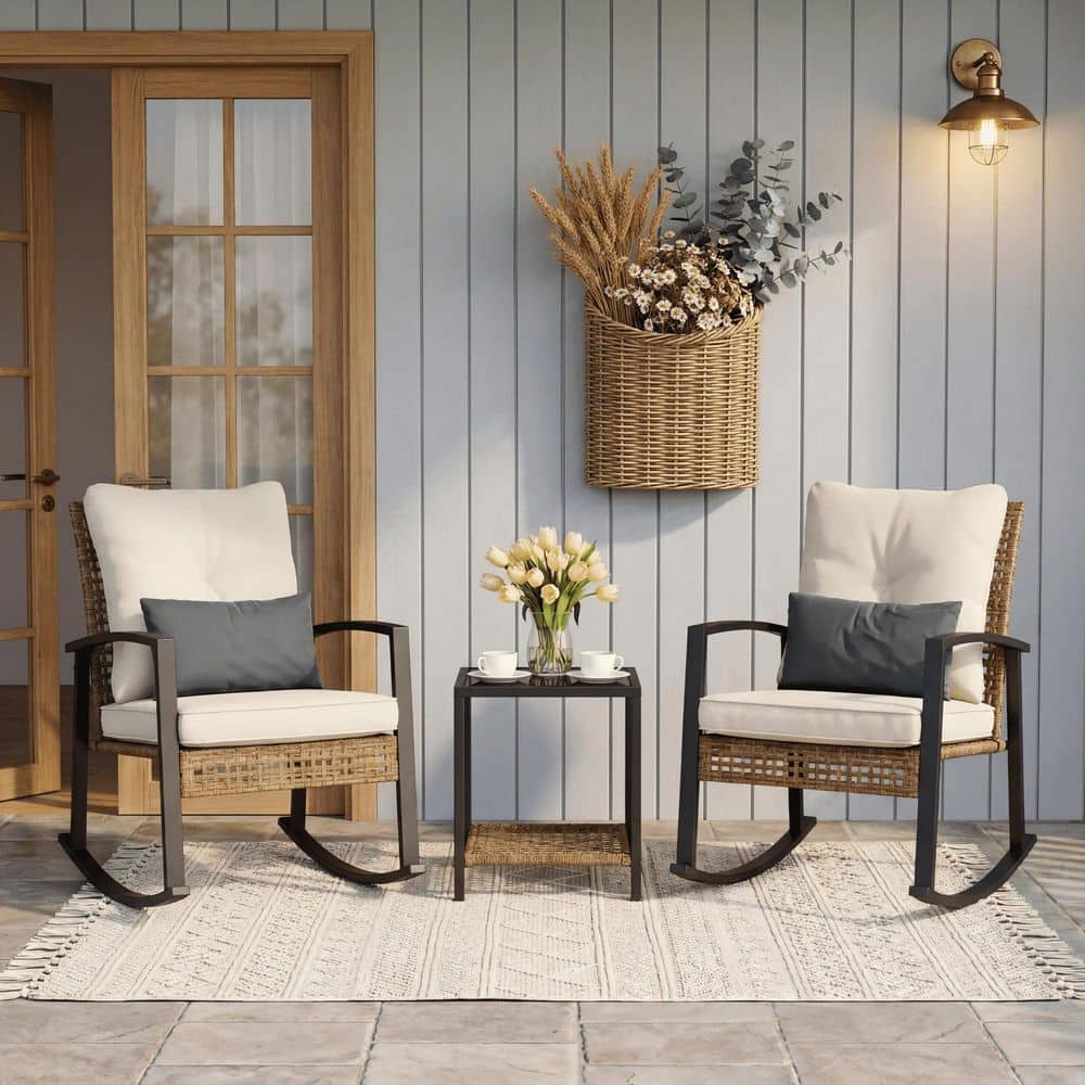 UPC 796018053496 product image for Brown 3-Piece Wicker Outdoor Rocking Chair Set with Lumbar Pillows and Coffee Ta | upcitemdb.com
