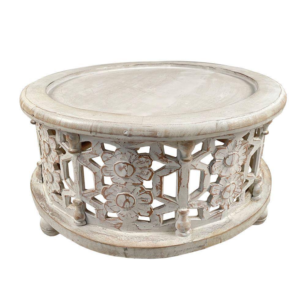 30" Antique White Carved Wood Round Coffee Table Set
