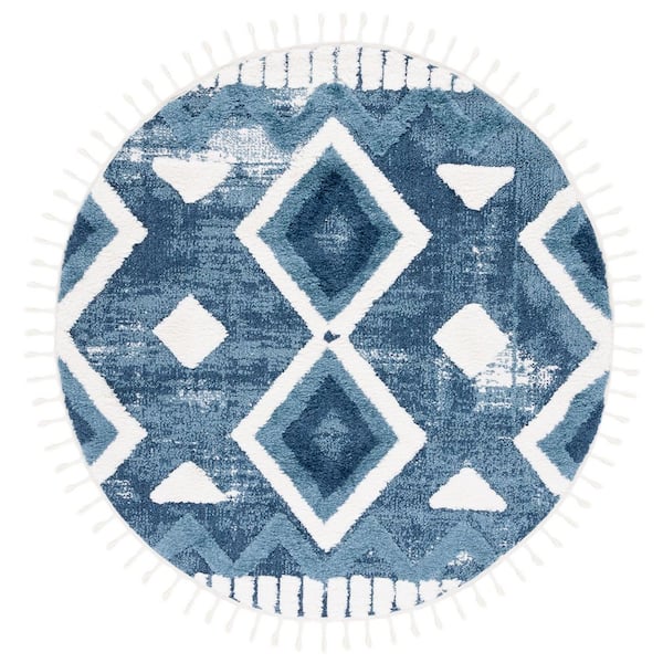Moroccan Tassel Shag 7 ft. x 7 ft. Blue/Ivory High-Low Zig-Zag Diamond Round Area Rug