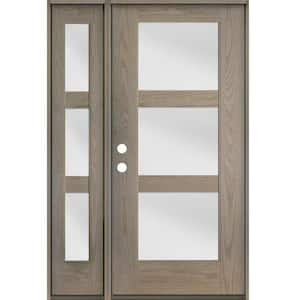 Modern 50 in. x 80 in. 3-Lite Right-Hand/Inswing Satin Glass Oiled Leather Stain Fiberglass Prehung Front Door with LSL