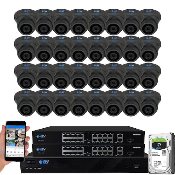 GW Security 32-Channel 8MP 8TB NVR Security Camera System 32 Wired Turret Cameras 2.8mm Fixed Lens Human/Vehicle Detection Mic