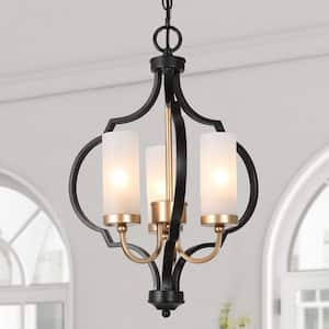 Modern 3-Light Black and Gold Chandelier with Glass Shade Candlestick Pendant Light