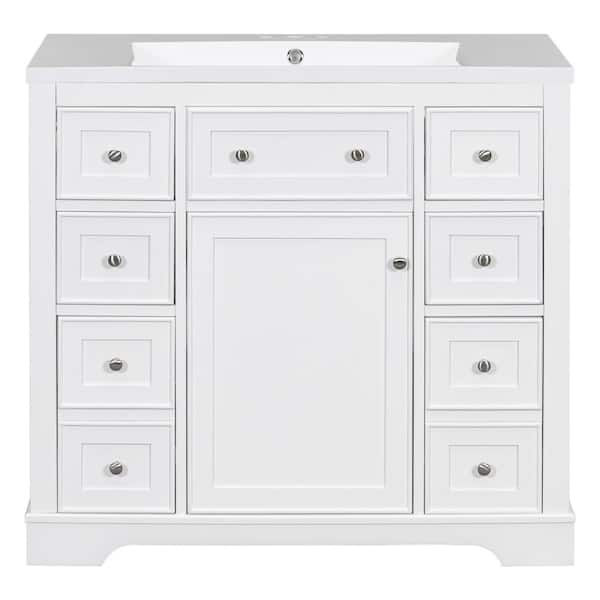 36 in. Single Sink Freestanding White Bath Vanity with White Ceramic Top, One Cabinet and Six Drawers