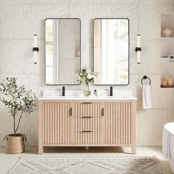 Shenzhen 60 in.W x 22 in.D x 33.9 in.D Double Bath Vanity in Aged Natural Oak with White Engineered Stone Top