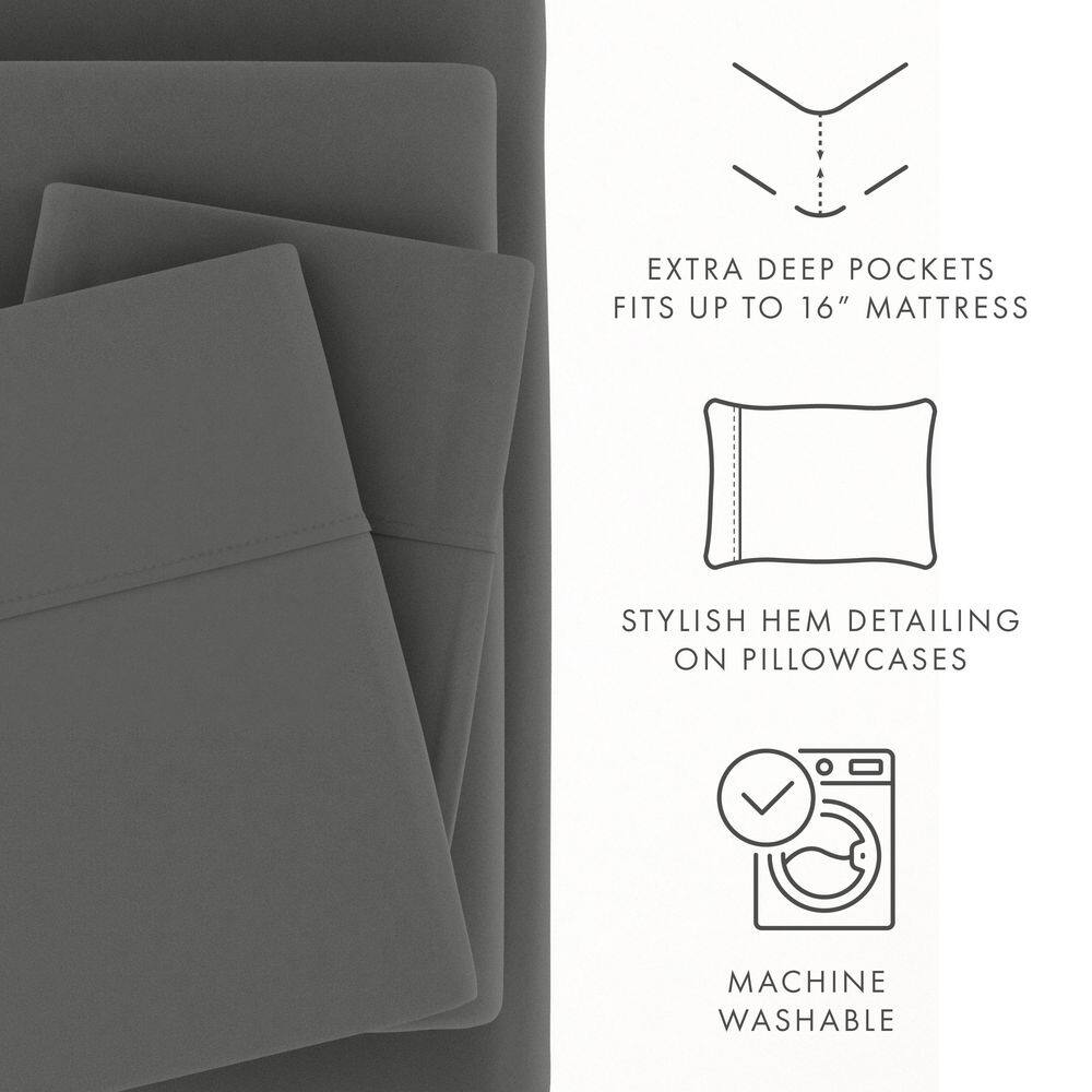Gray Full Size Cotton Polyester Microfiber 4-Piece Bed Sheet Set