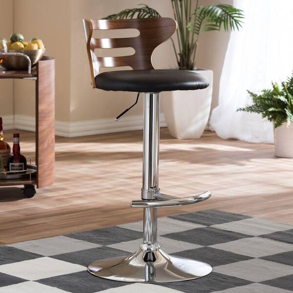 Baxton Studio Buell Brown Wood and Black Faux Leather Adjustable Bar Stool