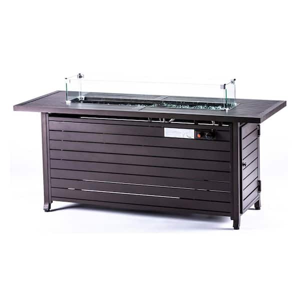 SUNRINX 57 in. Aluminum Fire Pit Table with Glass Wind Guard with Cover and Table Lid, Bronze